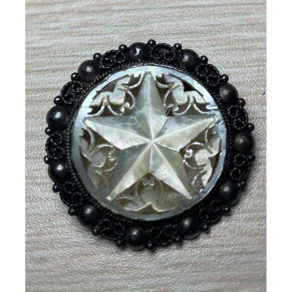 Vintage Sterling Silver Jerusalem Signed 925 Carved Mother Of Pearl Star Brooch - Picture 4 of 8